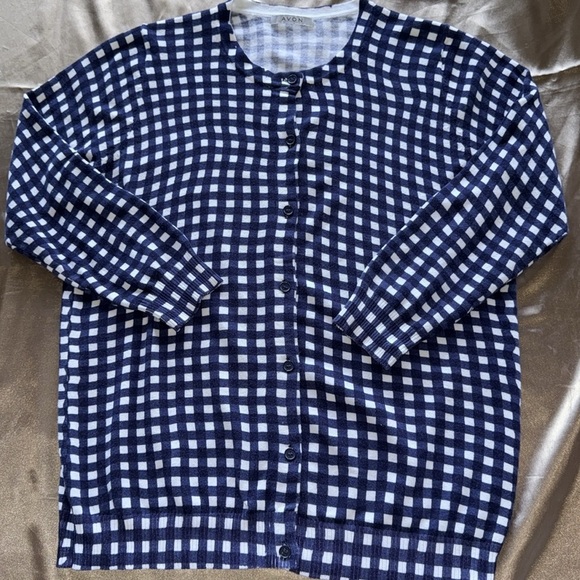 Navy/White Gingham Cotton Cardigan Houndstooth Plaid Button Front 3/4 Sleeve SzM - Picture 1 of 10